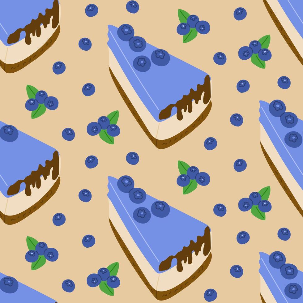 Chocolate cheesecake seamless pattern with blueberries. hand drawn food illustration on beige background. Good for wrapping paper, background, kitchen textile vector