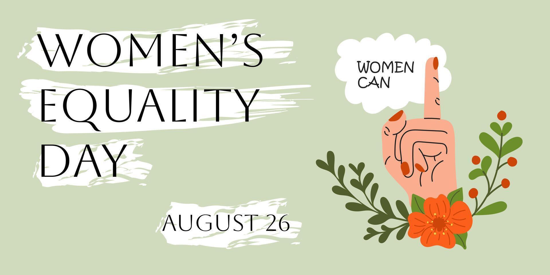Flat poster for Womens Equality day with pointing hand and quote Women Can. Colorful horizontal poster for female rights holiday. Good for greeting card, poster or for social media vector