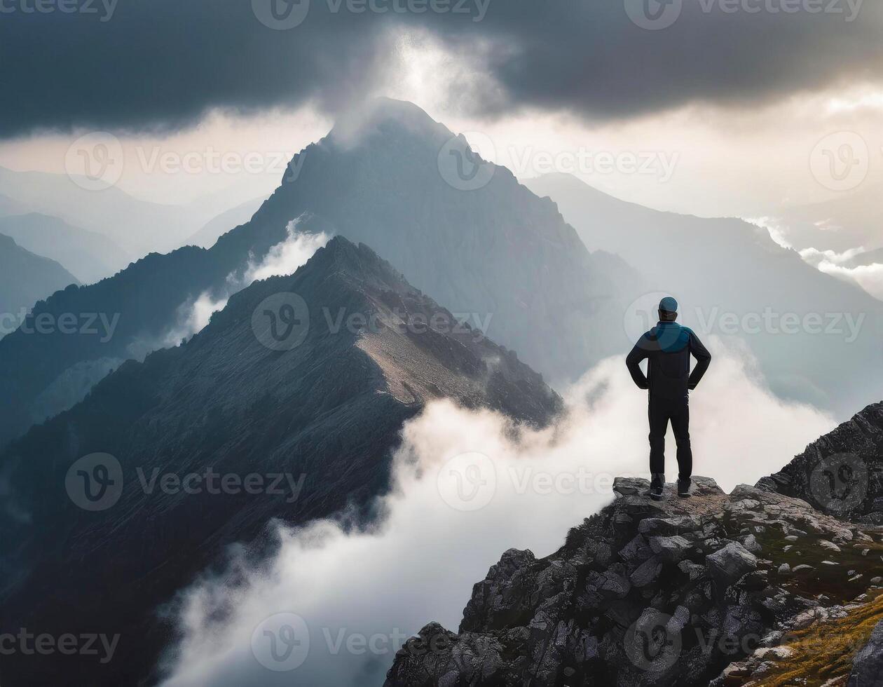 Silhouette of a man standing on a smoky mountain peak in the background. photo