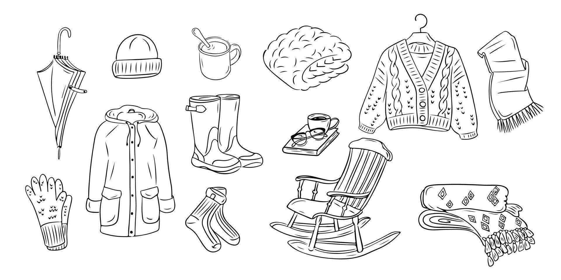 Collection of cozy autumn items in doodle style vector
