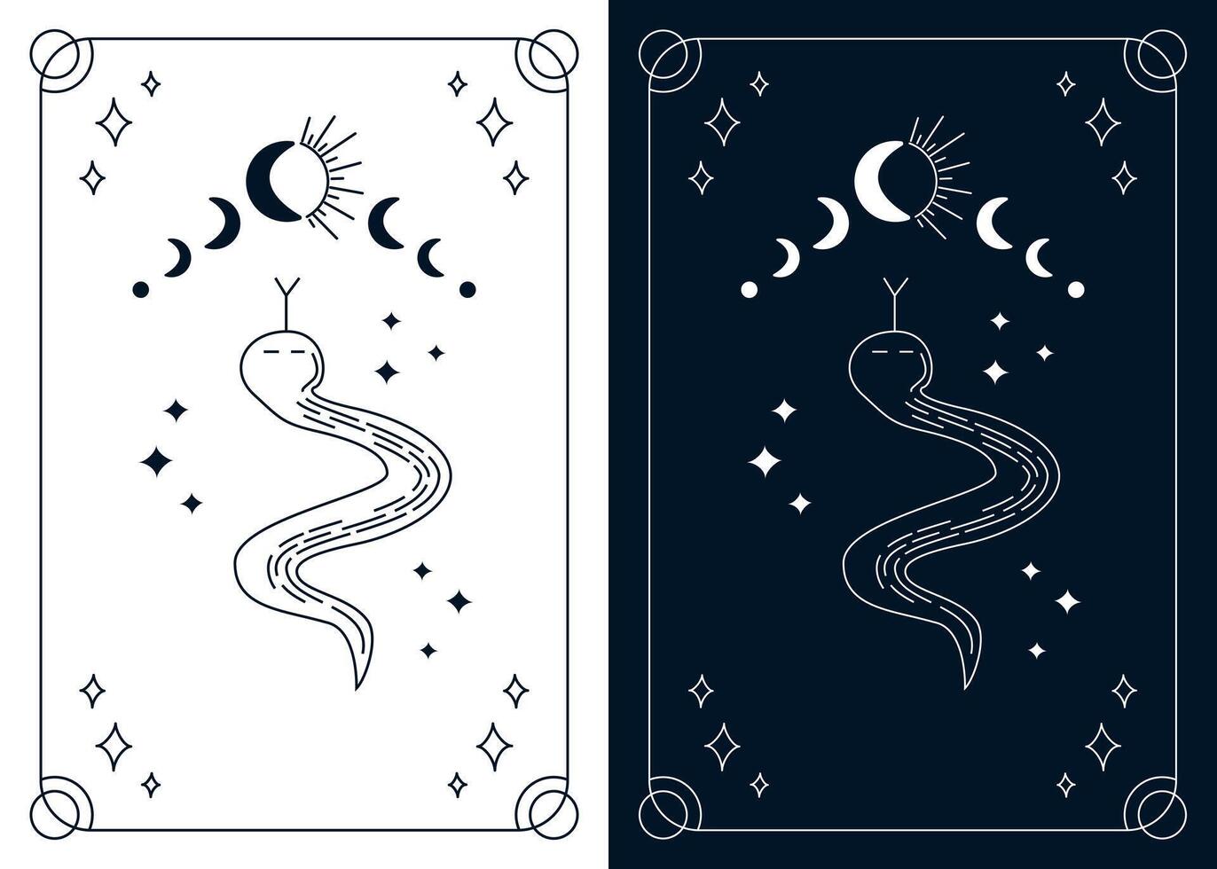 Set of Split tarot cards. Esoteric mystical deck with linear chrystal sphere with eye. design template, boho style. Monochrome outline design vector