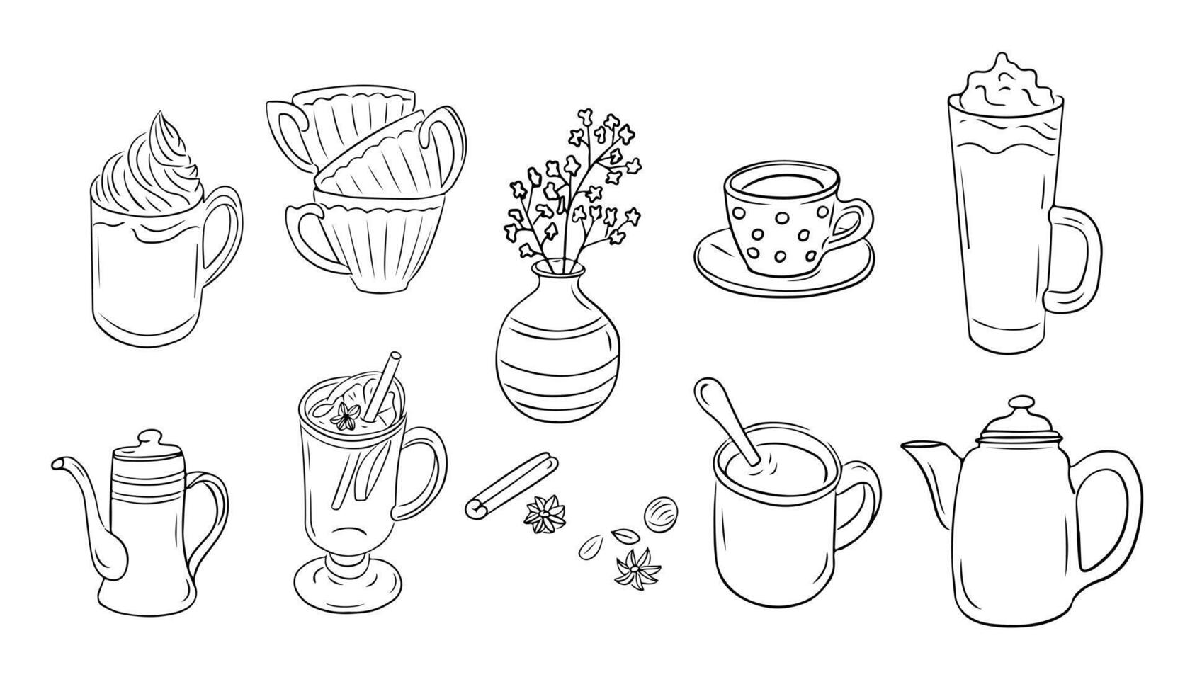 Cozy autumn drinks and cups doodle set vector