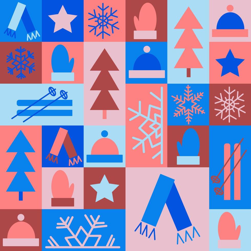 Winter seamless pattern in geometric style with winter items and snowflakes. Holiday traditional elements in simple outline geometric shapes, flat style. Good for wrapping, textile, cover vector