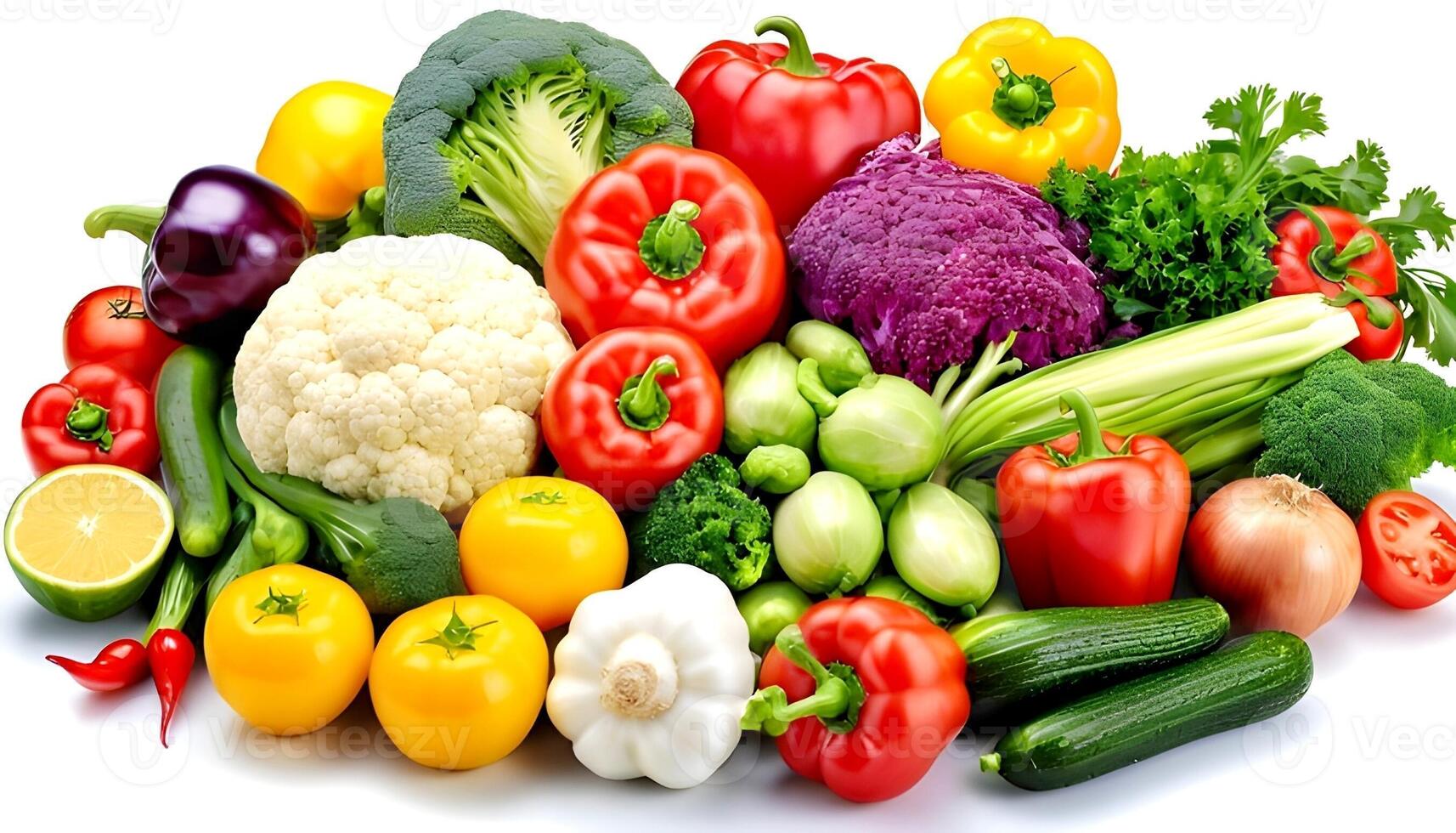 Assorted colorful vegetables over white background. healthy food concept photo