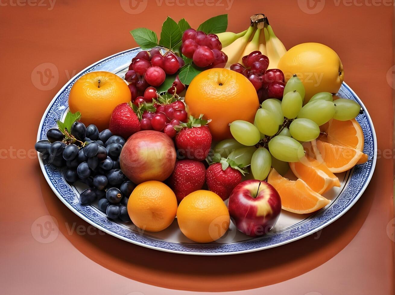 Composition of colorful fruits on a ceramic plate. healthy living food concept photo