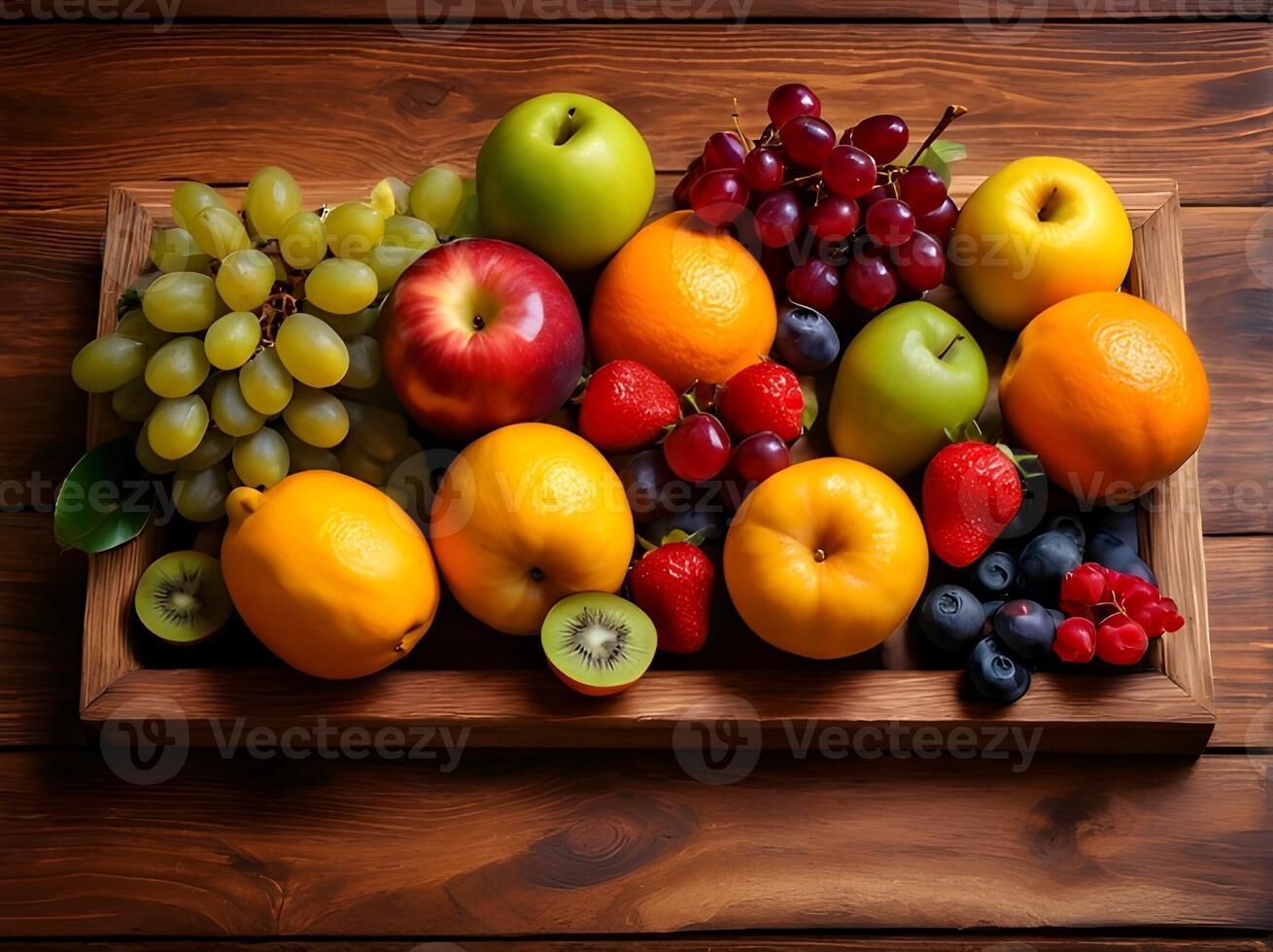 Medley of fresh fruits on wooden table. healthy living food concept photo