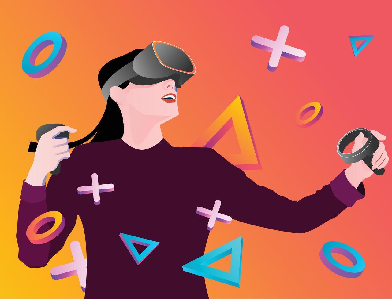 A woman wearing a virtual reality headset is playing a game with the symbols. vector
