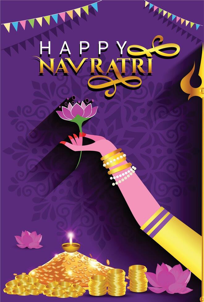 Navratri Festival. Happy Navratri Mahotsav text with Goddess Durga hand pose vector