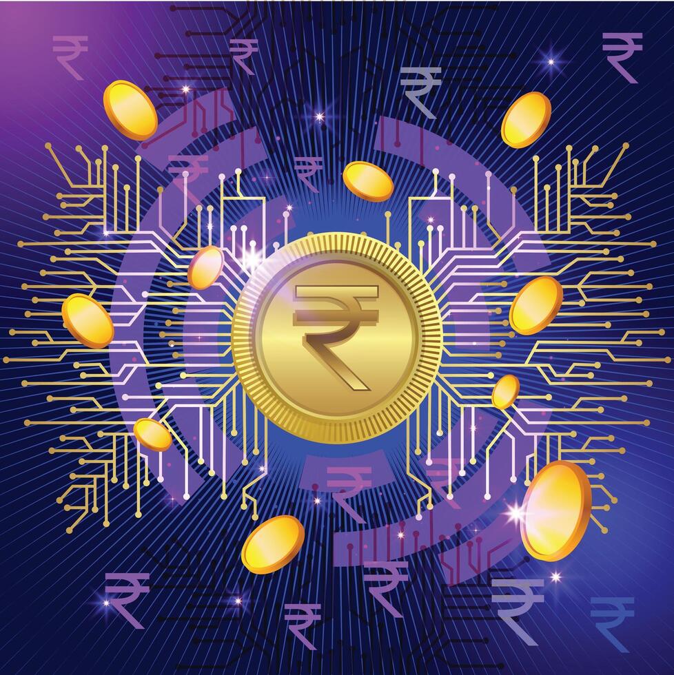 Digital Gold coin, Rupees with blue Background vector