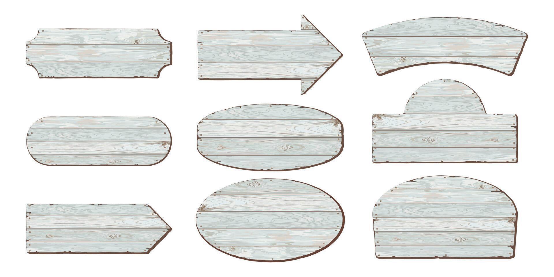 Blank signboard isolated various shapes made from cut timber panels turquoise blue colores distressed weathered graphic illustrated. Set of old nameplate wooden texture pattern frame tropical style. vector