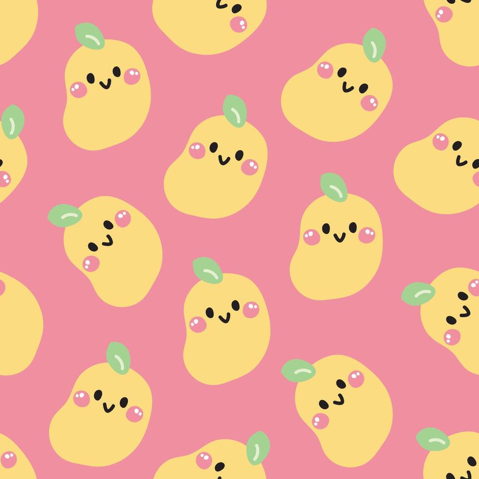 Seamless pattern of cute smile face mango on pastel background.Summer.Fresh.Fruit and vegetables.Character cartoon design.Image for card,poster,baby clothing.Kawaii.Illustration vector