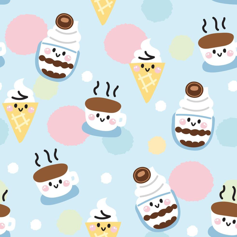 Seamless pattern of cute smile face ice cream cone and coffee background.Cafe.Bakery.Sweet.Dessert.Character cartoon design.Image for card,poster,baby clothing vector