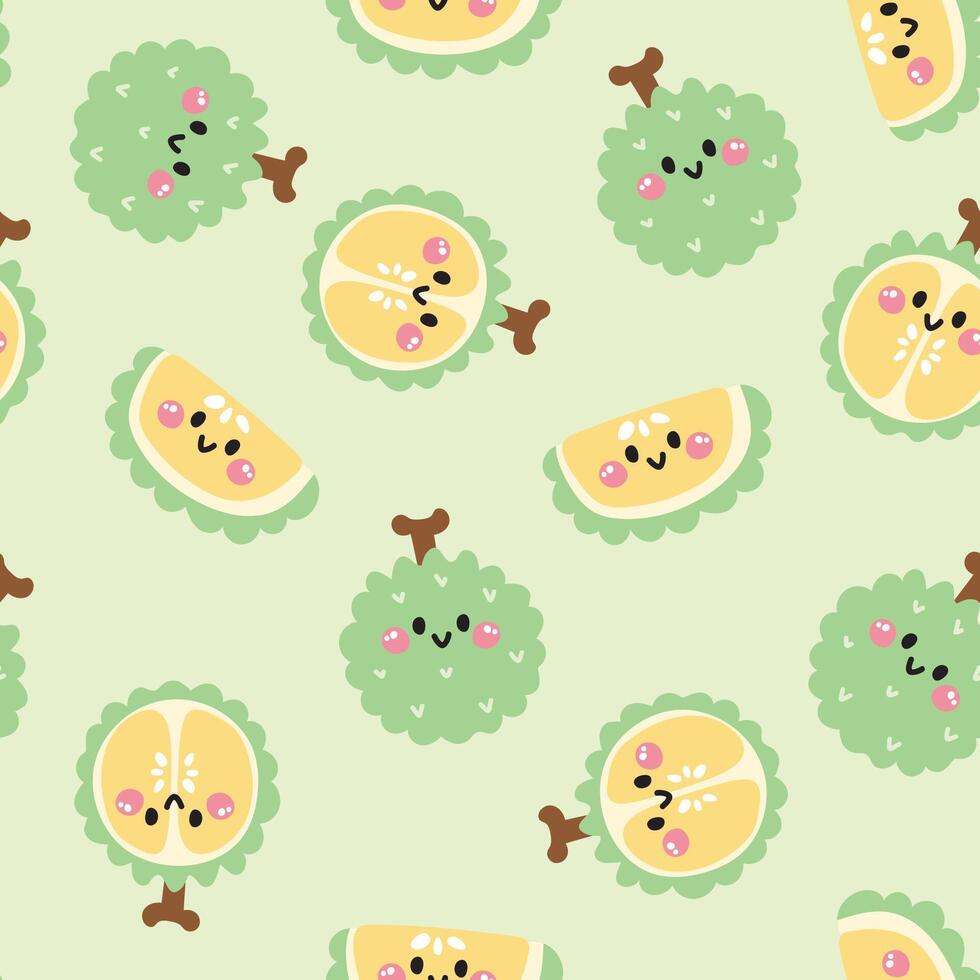 Seamless pattern of cute smile face durian on pastel background.Summer.Fresh.Fruit and vegetables.Character cartoon design.Image for card,poster,baby clothing.Kawaii.Illustration vector