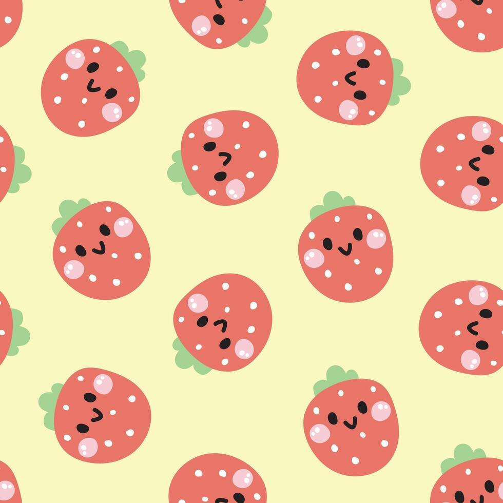 Seamless pattern of cute smile face strawberry on pastel background.Winter.Fresh.Fruit and vegetables.Character cartoon design.Image for card,poster,baby clothing.Kawaii.Illustration vector