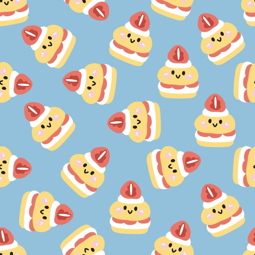Seamless pattern of cute smile face strawberry bread with cream background.Cafe and coffee.Bakery.Sweet.Dessert.Character cartoon design.Image for card,poster,baby clothing.Kawaii.Illustration. vector