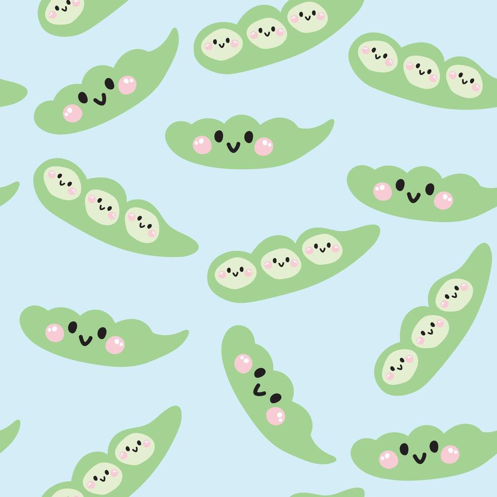 Seamless pattern of cute smile face edamame beans on pastel background.Japanese fruit and vegetables.Character cartoon design.Image for card,poster,baby clothing.Kawaii.Illustration vector