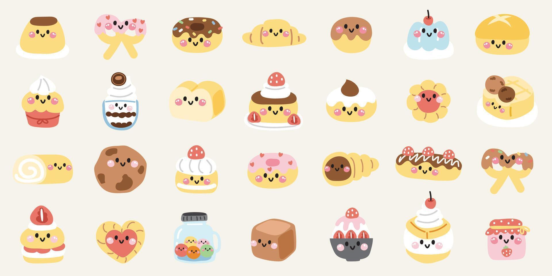 Set of cute smile face various bread and sweet.Bakery.Chocolate and strawberry flavor dessert.Ice cream,donut,cookies,jam,candy.Cartoon character design.Kawaii.Illustration. vector