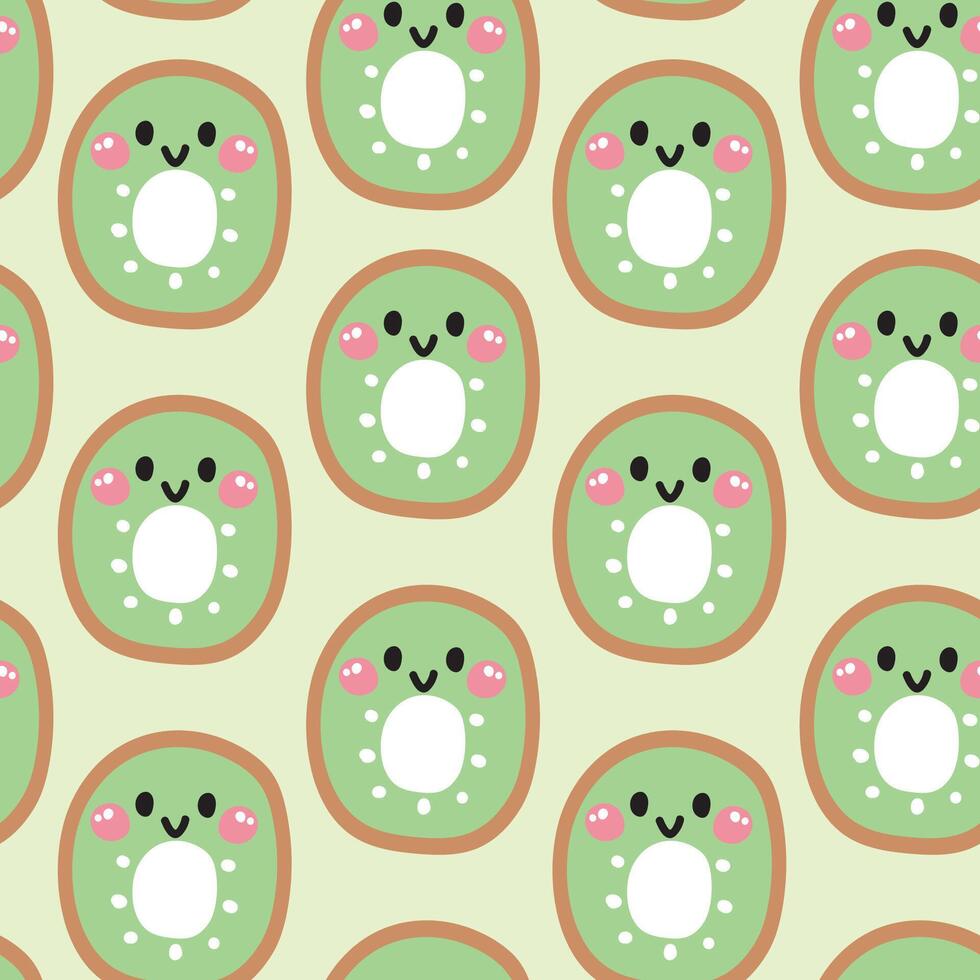 Seamless pattern of cute smile face kiwi on pastel background.Fresh.Fruit and vegetables.Character cartoon design.Image for card,poster,baby clothing.Kawaii.Illustration vector