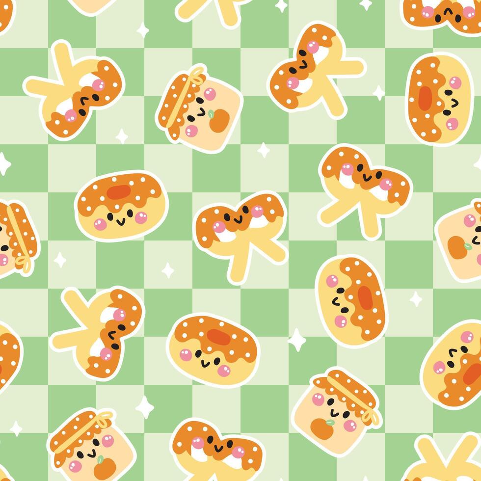 Seamless pattern of cute smile face donut and pretzel background.Orange jam.Bread.Cafe and coffee shop.Bakery.Sweet.Dessert.Character cartoon design.Image for card,poster,baby clothing.Kawaii. vector