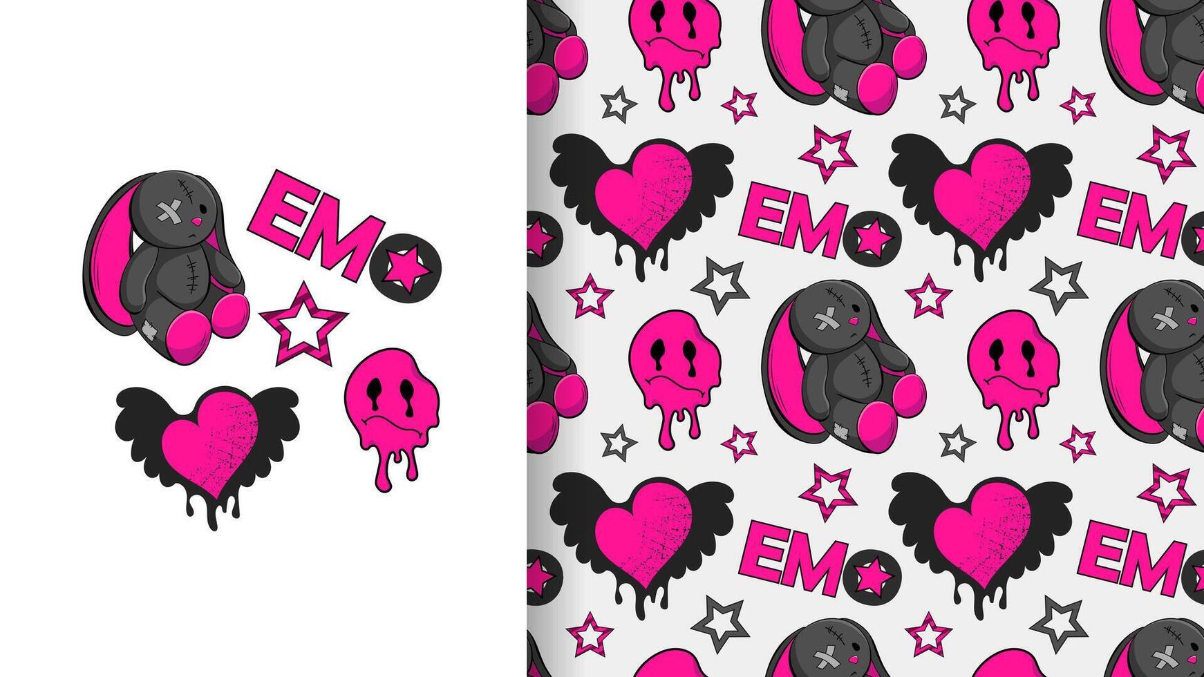 Seamless emo pattern with elements of pink and black. Beaten hare, sad emoji, heart, stars. ornament nostalgia, y2k vector