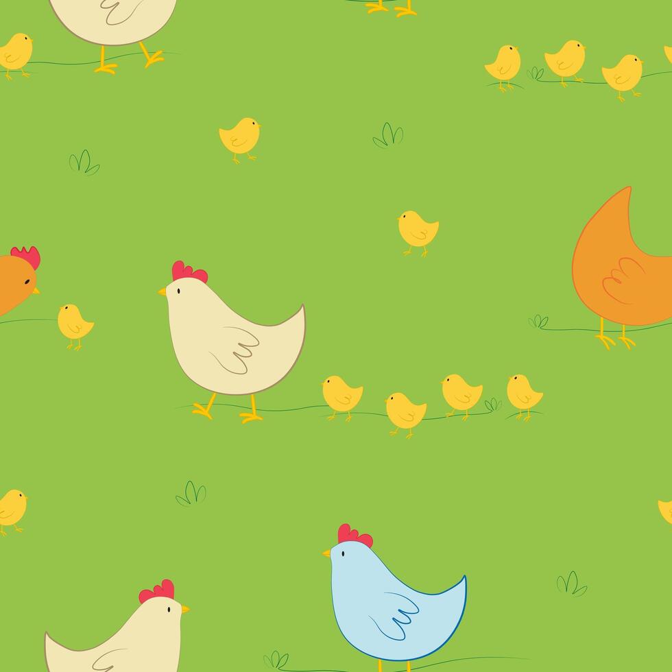 Seamless pattern with chickens and chicks. background with farm poultry vector