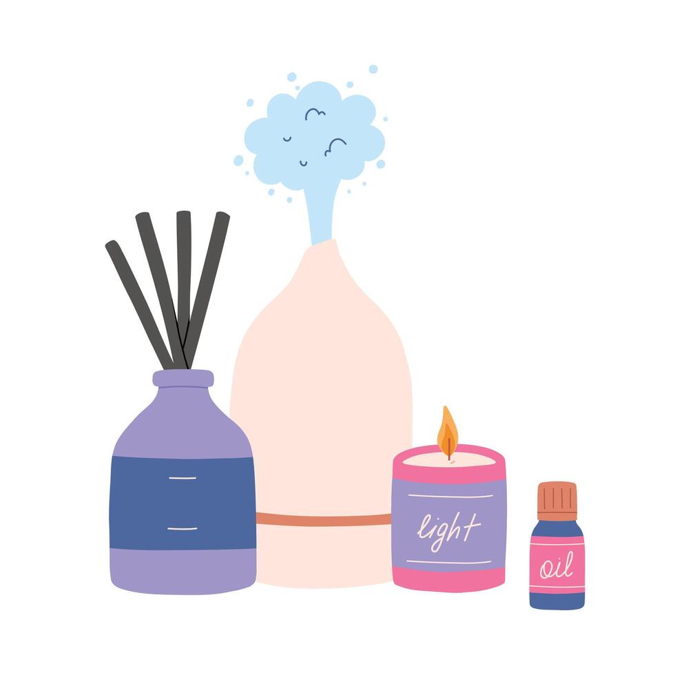 illustration of aroma diffuser, candle and aroma oil. Aromatherapy concept. vector