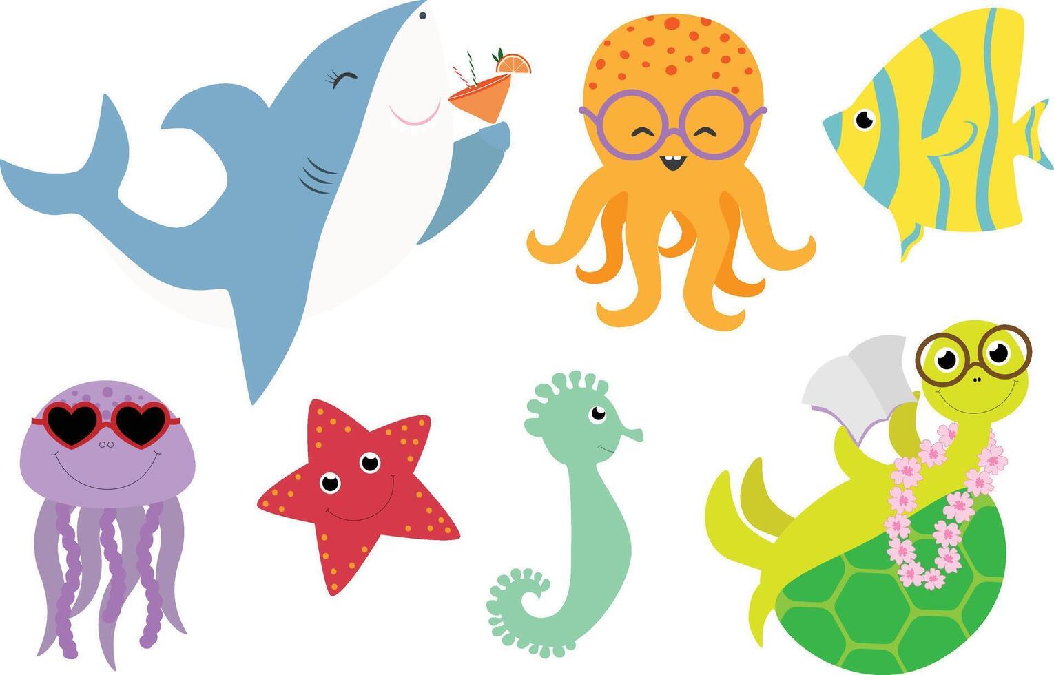 Sea and ocean animals shark, turtle, jellyfish, octopus, sea horse, star and fish clip art vector