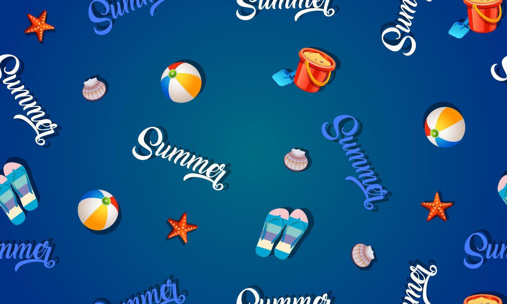 Colorful seamless summer pattern with beach elements on blue background. vector