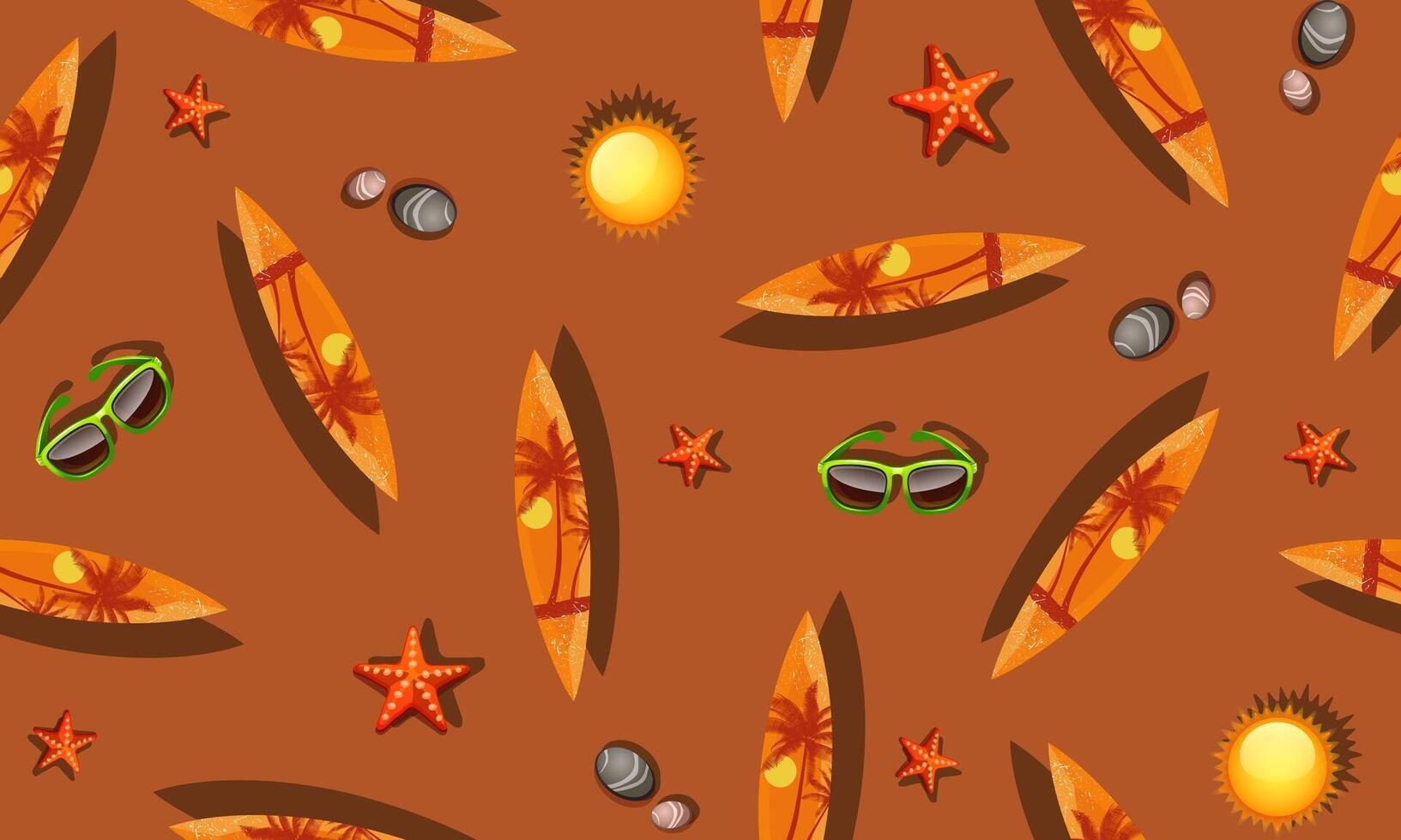 Seamless pattern with surf boards on brown background. vector