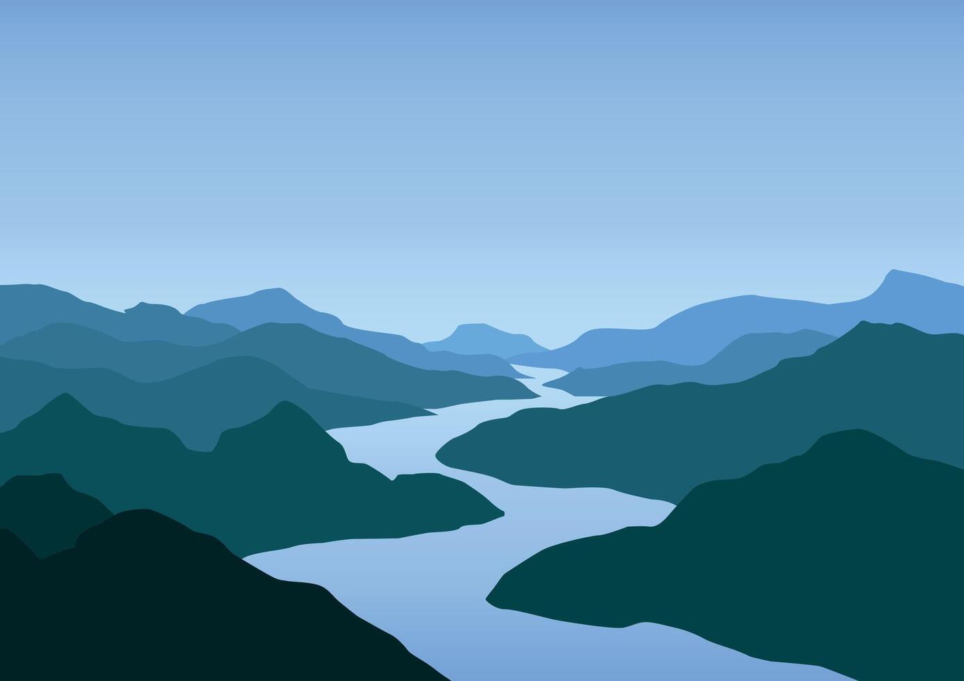 Winding river mountain forest beautiful nature landscape. vector