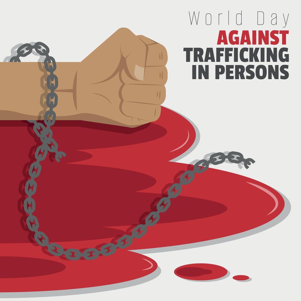 World Day against Trafficking in Persons poster with hands tied with chains vector