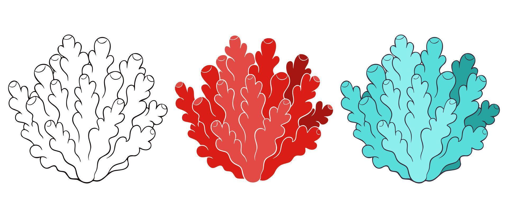 Sea underwater set of blue and red orange corals, marine design element, isolated on white background. vector