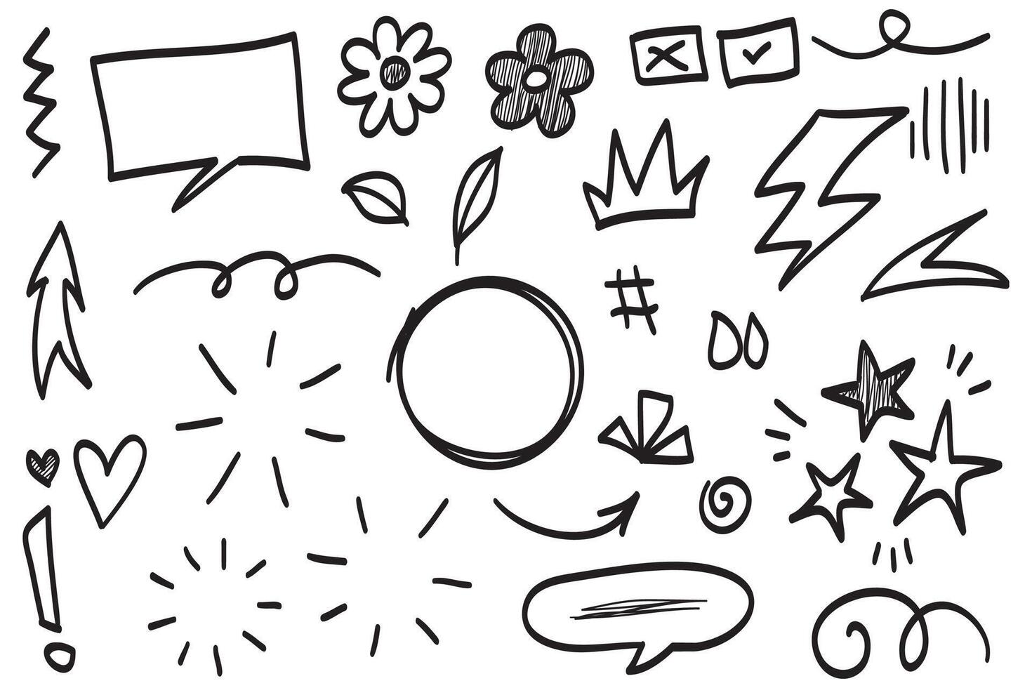 Doodle set of hand-drawn cartoony expression sign doodle, curve directional arrows, emoticon effects design elements, cartoon character emotion symbols, cute decorative brush stroke lines. vector