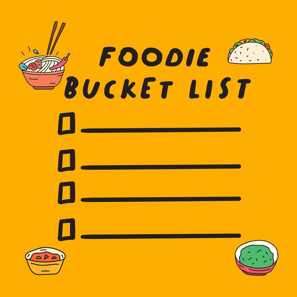 Foodie bucket list. Hand drawn design. Illustration on orange background. vector