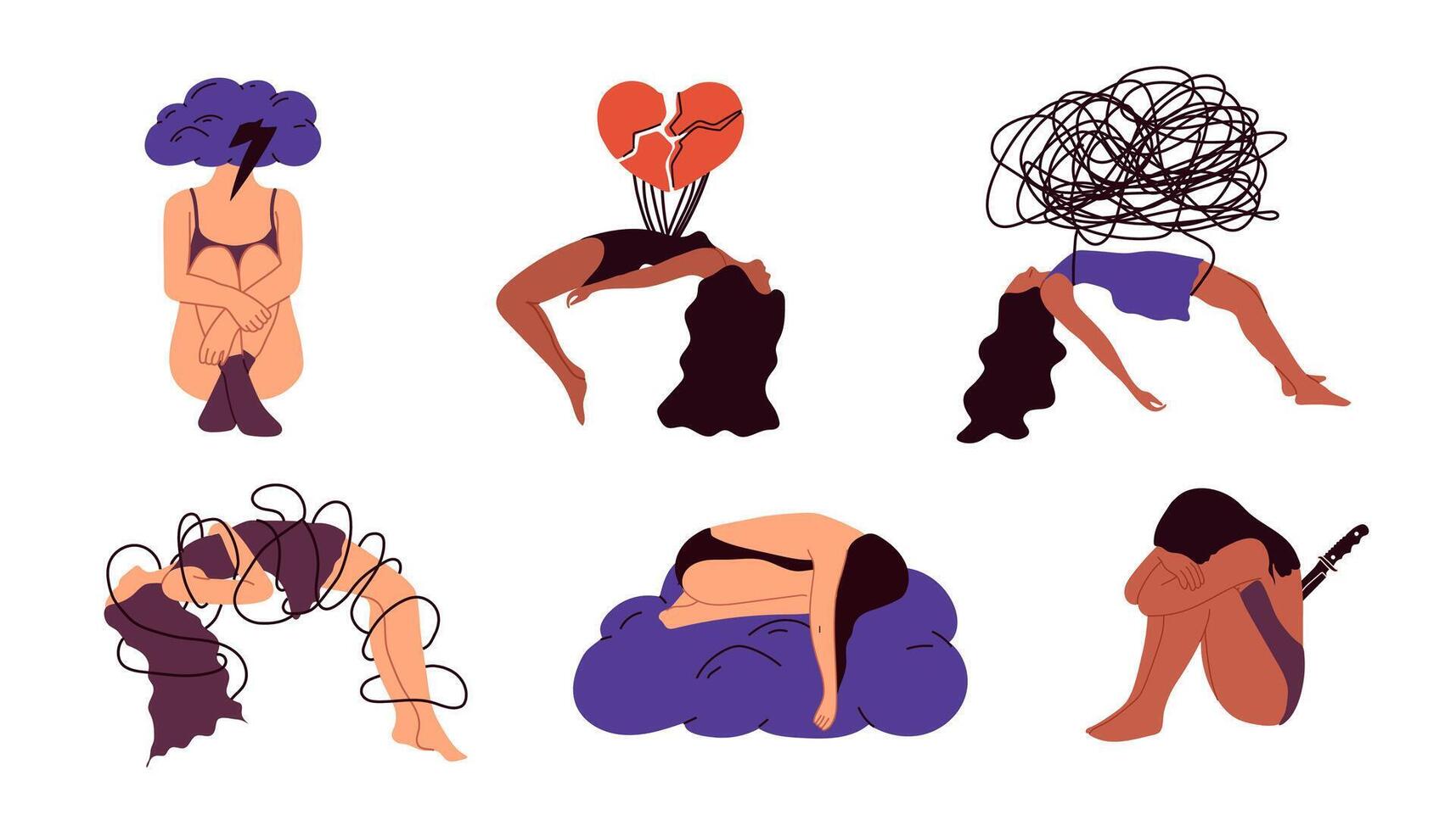 Set of sad and unhappy people experiencing depression and grief. A woman with a mental disorder feeling sorrow, despair, and frustration. Psychology concept vector
