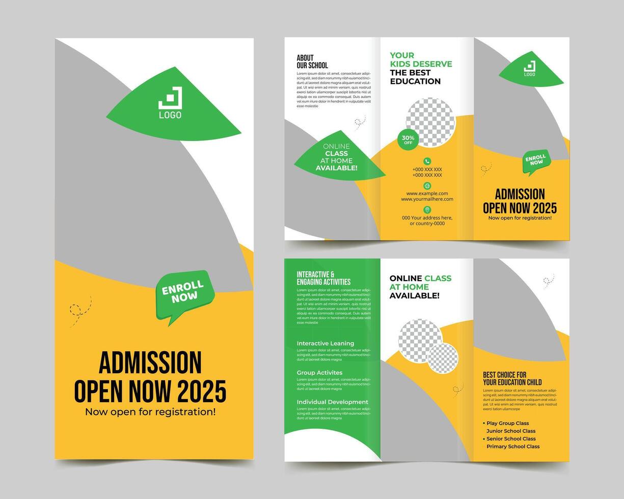 kids school education admission trifold brochure design template, back to school admission tri fold brochure cover leaflet premium layout design. vector