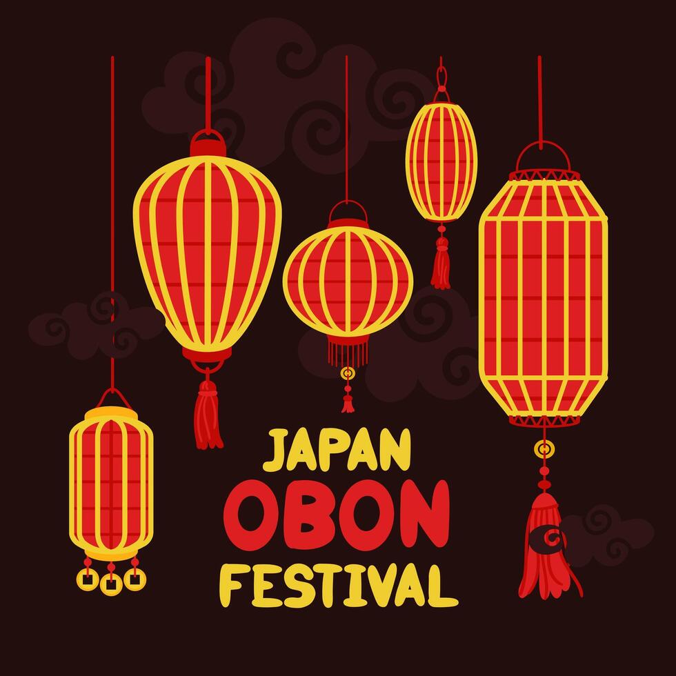 Japan Obon Festival. The Japanese lantern festival of Obon on the dark. Summer traditional festival is dedicated to the Day of the Dead in Japan August 13-15. Lanterns with an inscription, clouds dark vector
