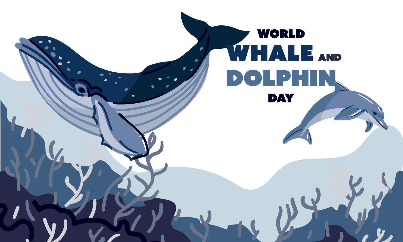 World Whale and Dolphin Day, July 23rd poster. Whale and dolphin illustration. Marine animals swim in the ocean, the concept of environmental protection. Ocean Day. Underwater world. Corals and algae vector