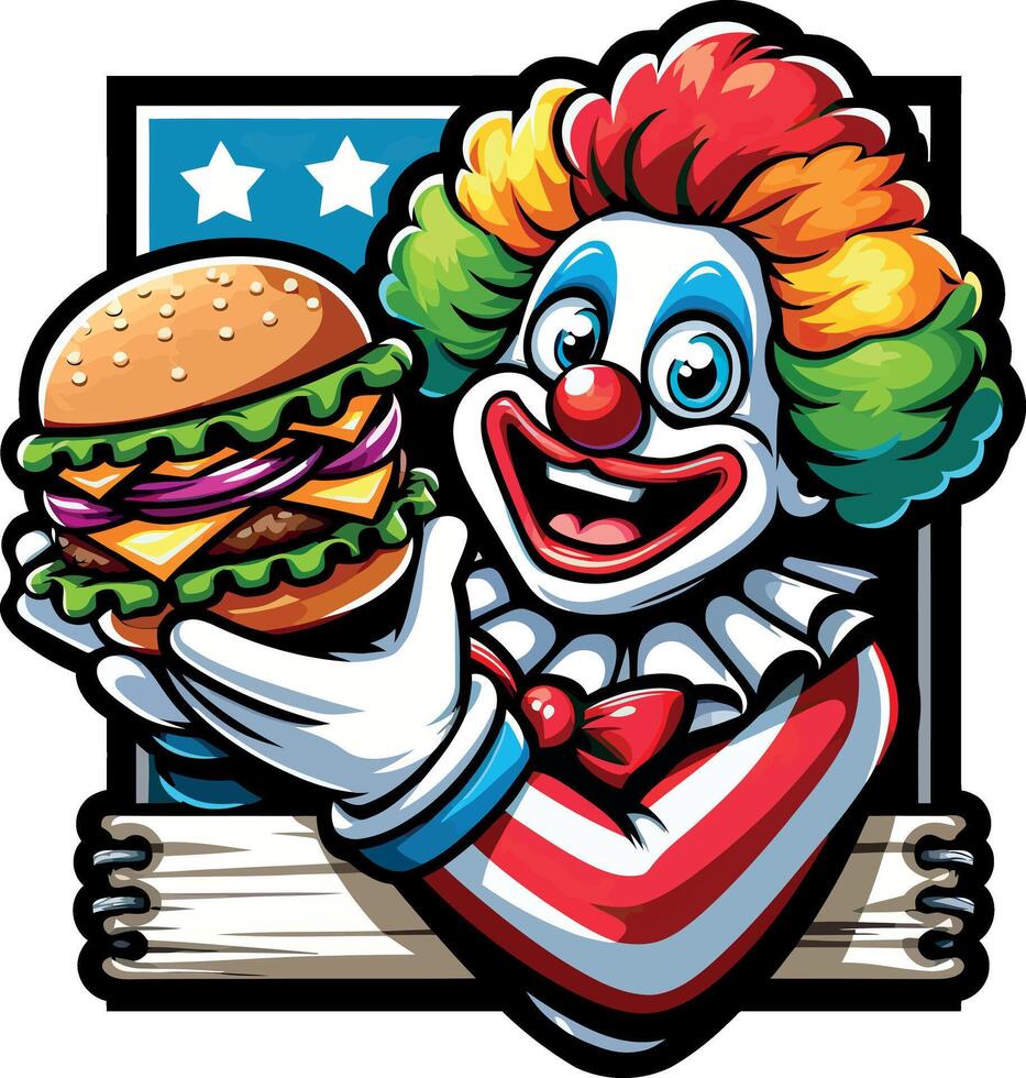 Hilarious Clown with Burger Illustration - Perfect for Fun Marketing Campaigns vector
