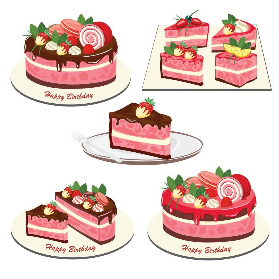 Birthday cake set. Slice of cake . Strawberry flavor. Sweet food and dessert clipart. Birthday party element. Flat in cartoon style isolated on white background. vector
