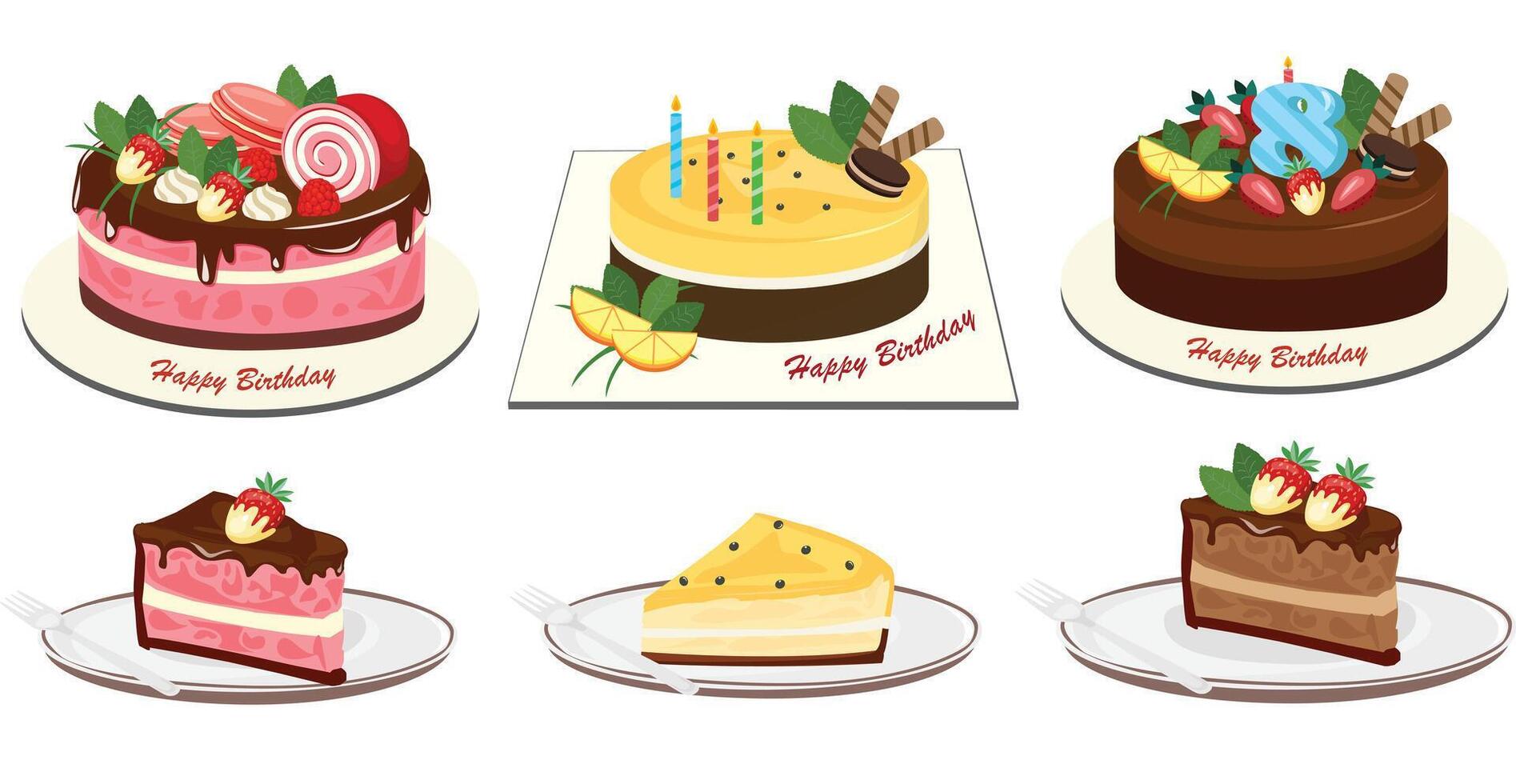 Birthday cake set. Slice of cake . Sweet food and dessert clipart. Birthday party element. Flat in cartoon style isolated on white background. vector