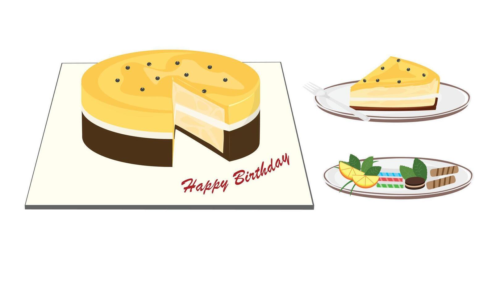 Birthday cake set. Slice of cake . Passion fruit flavor. Sweet food and dessert clipart. Birthday party element. Flat in cartoon style isolated on white background. vector
