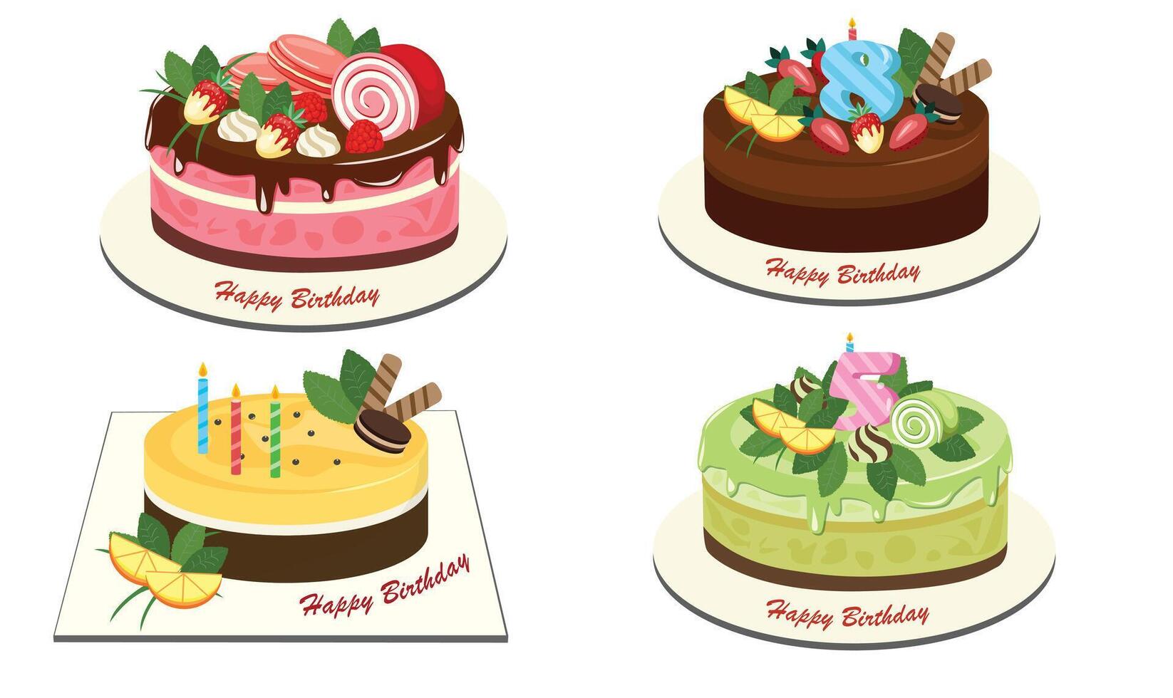 Birthday cake set. Birthday party element. Flat in cartoon style isolated on white background. vector