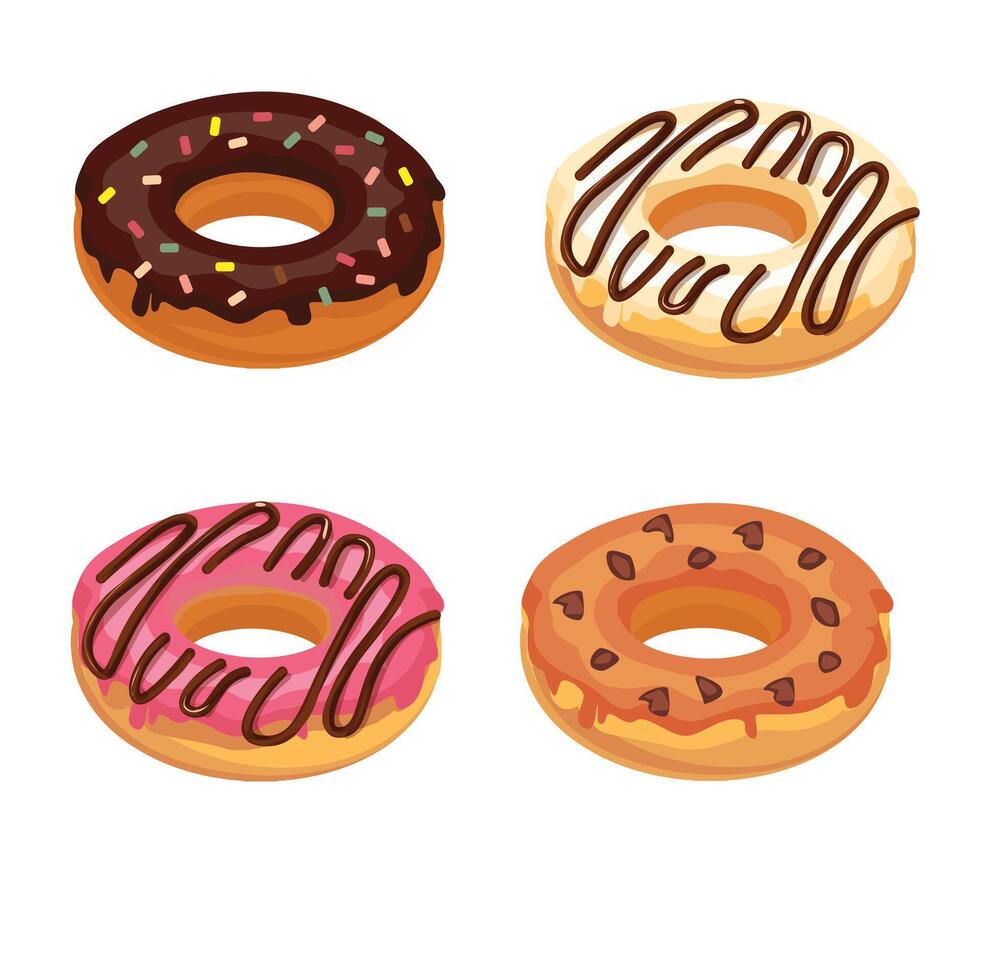 Donut set or doughnut set with different flavors and topping. Sweet food clipart. Dessert clipart. Flat in cartoon style isolated on white background. vector