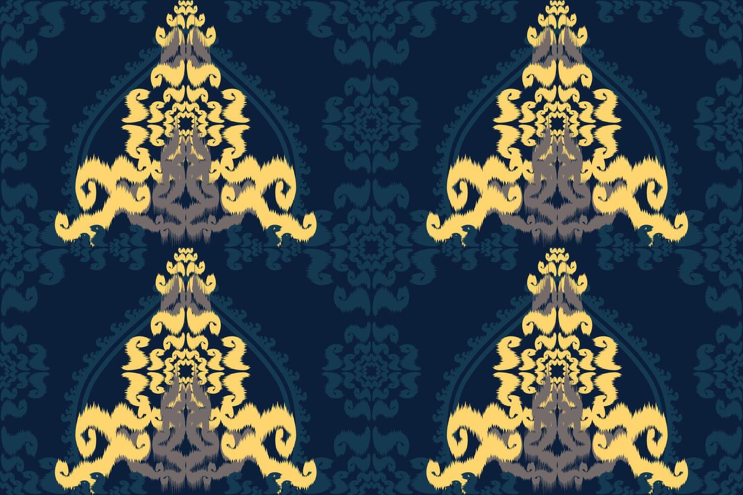 Native Asian style ikat fabric designs decorate rugs, pillows and interiors. Dark green background. vector