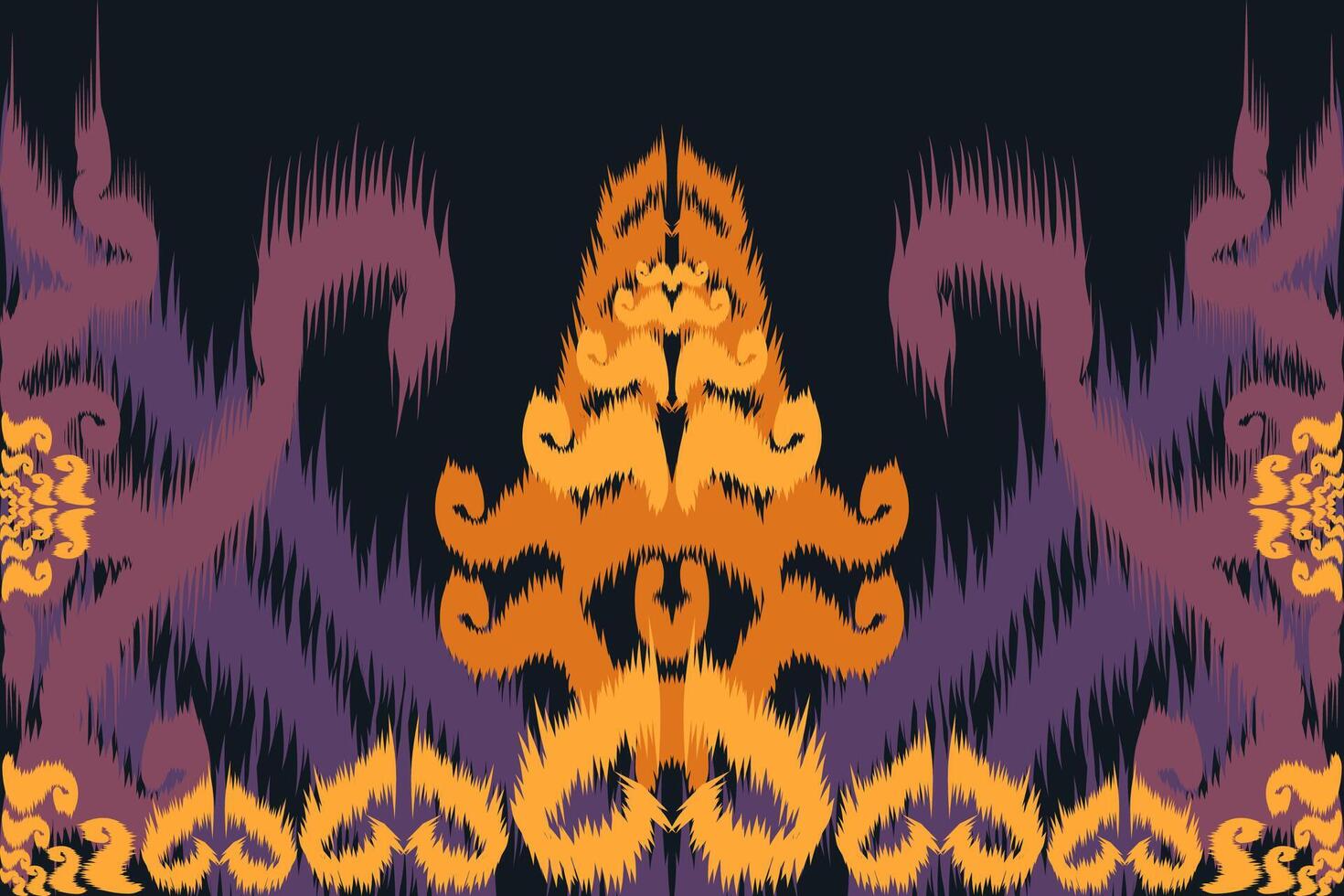 Native Asian style ikat fabric design decorates rugs, pillows and interiors, black background. vector