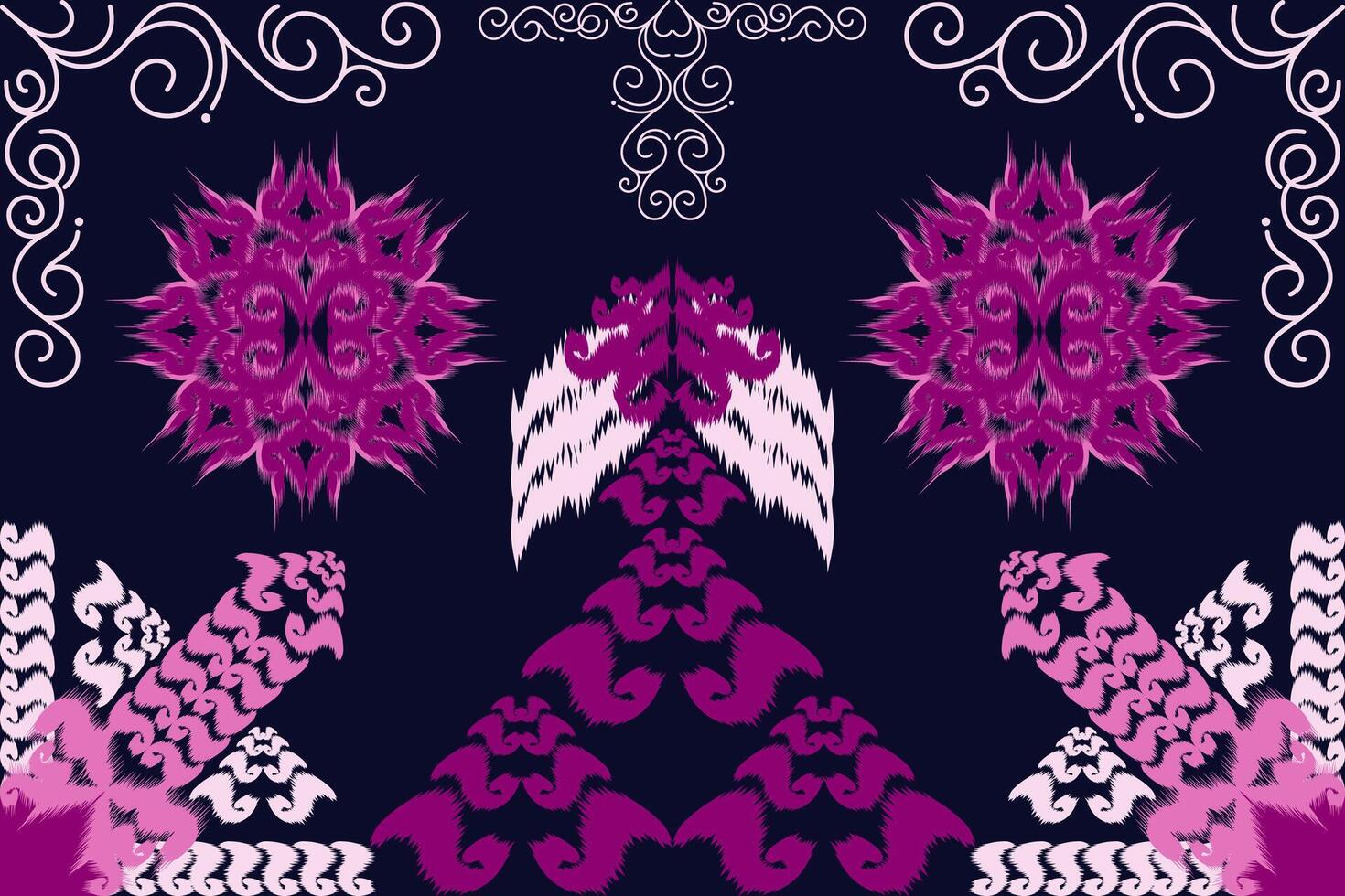 Native Asian style ikat fabric designs decorate rugs, pillows and interiors. vector
