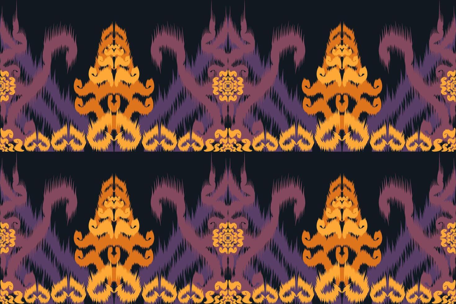 Native Asian style ikat fabric design decorates rugs, pillows and interiors, black background. vector