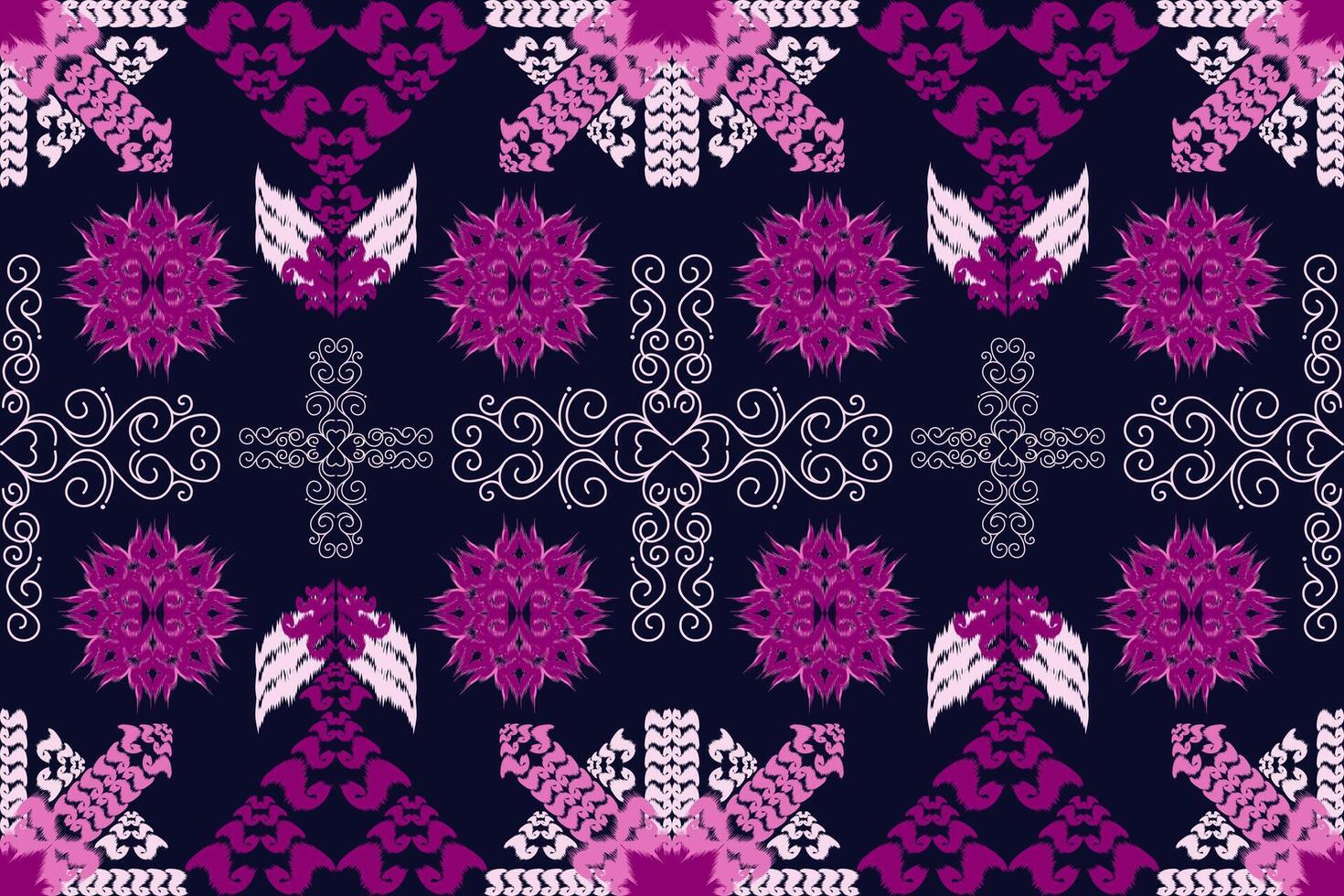 Native Asian style ikat fabric designs decorate rugs, pillows and interiors. vector