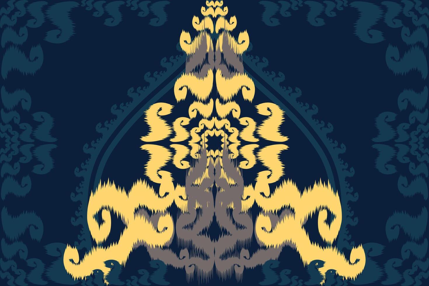 Native Asian style ikat fabric designs decorate rugs, pillows and interiors. Dark green background. vector